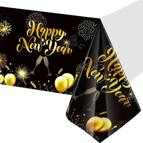 Happy New Year Tischdecken, Silvester Tischdecke, Schwarz & Gold Happy New Year Tischdecke 2025, Rechteckig Tischtuch Geeignet Für Neujahr Silvester Tischdeko, Silvester Kunststoff-Tischdecken von HFMYGS