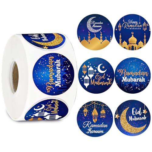 Ramadan Eid Mubarak Aufkleber, Ramadan Sticker, Ramadan-Ornamente Sticker, Runde Geschenktüten Etiketten, Umschläge Siegelaufkleber Dekoration für Muslim Islam Party Geschenkbox (Blau) von HFMYGS