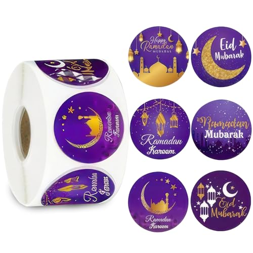 500 Stück Ramadan Eid Mubarak Aufkleber, Ramadan Sticker, Ramadan-Ornamente Sticker, Runde Geschenktüten Etiketten, Umschläge Siegelaufkleber Dekoration für Muslim Islam Party Geschenkbox (Lila 2,5cm) von HFMYGS