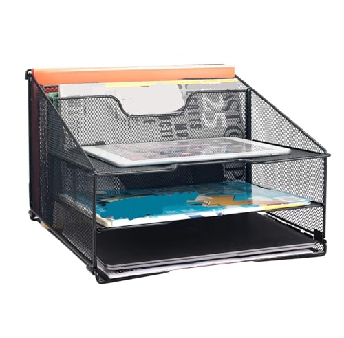 Schreibtisch-Organizer, Büro-Organizer, Schreibtisch-Organizer, Netz-Aktenordner, Halter mit 3 Papierablagen und 2 vertikalen, aufrechten Büro-Schreibtisch-Organizer (schwarz, 31 x 29 x 24,4 cm) von HFRUUWSEHJJKK