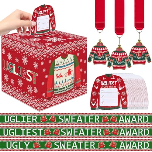 HFYZZ 67-teiliges Weihnachtspullover-Spiel-Set mit hässlichem Pullover, Wettbewerb, Abstimmungsbox, 60 Wahlkarten, 3 Auszeichnungsschärpen und 3 Medaillen für Weihnachten, Party, Spieldekoration, von HFYZZ