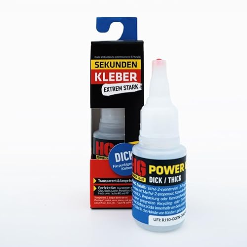 HG POWER GLUE Sekundenkleber dickflüssig – Extra starker Kleber für Plastik, Kunststoff, Glas, Porzellan, Holz, Metall - transparente Aushärtung, wasserfest, hitzebeständig, schnell trocknend - 20 g von HG POWER GLUE