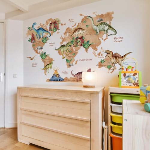 HGDESIGN® Wandaufkleber Wandtattoo Wandsticker Weltkarte Worldmap Tiere Dinosaurier Kinderzimmer Babyzimmer Kind Baby Junge Mädchen Wanddeko selbstklebend (C) von HGDESIGN