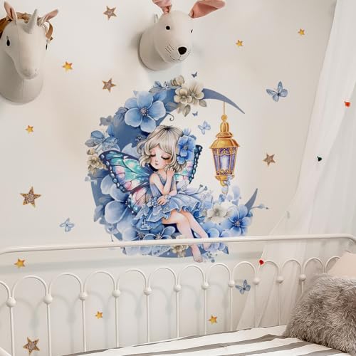 HGDESIGN® Wandtattoo Wandaufkleber Fee Elfe Mond Schloss Mädchen Blumen Wandsticker Wandbild Kinderzimmer Babyzimmer Schlafzimmer Kind Baby Mädchen Wanddeko (A) von HGDESIGN