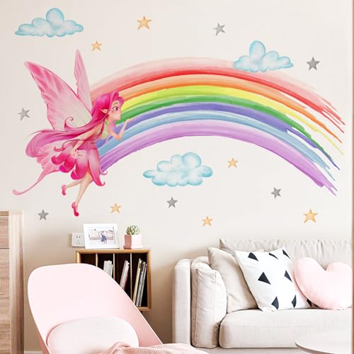 HGDESIGN® Wandtattoo Wandaufkleber Fee Elfe Pilz Blumen Regenbogen Einhorn Wandsticker Wandbild Kinderzimmer Babyzimmer Schlafzimmer Kind Baby Mädchen Wanddeko (F) von HGDESIGN