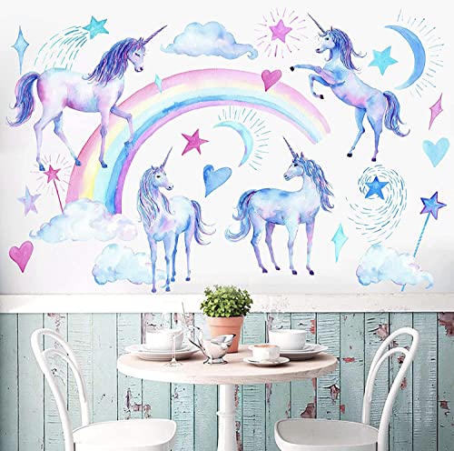 HGDESIGN® Wandtattoo Wandaufkleber Wandsticker Blau Einhorn Regenbogen Kinderzimmer Babyzimmer Kind Baby Junge Mädchen Wanddeko Selbstklebend von HGDESIGN