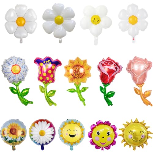 HGFDKOU Blumen Folienballons Set, Blumenförmige Folienballons, 15 Stück Blumen Folienballons, Mit Sonnenblume, Rose, Gänseblümchenmuster, für Jungen und Mädchen Geburtstag Party Dekoration von HGFDKOU