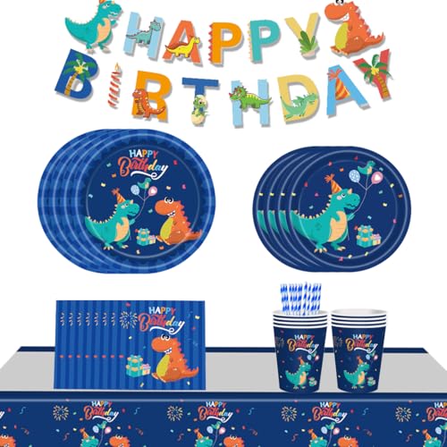 HGFDKOU Dinosaurier Pappteller, Dinosaurier Partygeschirr Set, Dino Geburtstag Party Geschirr, Pappteller Becher Strohhalme Servietten Banner, Dino Kindergeburtstag Party Deko für 10 Gäste von HGFDKOU