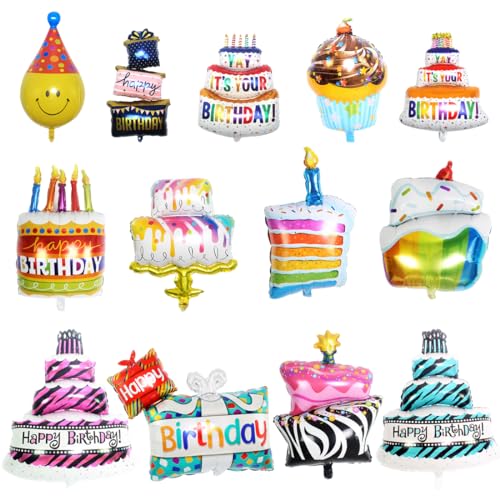 HGFDKOU Folienballon Happy Birthday, 13 Stück Folien Geburtstagskuchen Ballons, Kuchen Folienballon, Geburtstag Helium Ballons, für Mädchen Junge Mann Frauen Geburtstags Dekorationen von HGFDKOU