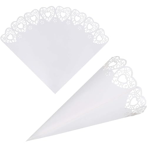 HGFDKOU Papierkegel Hochzeit, 50 Stück Party Papierkegel, Hochzeits Konfetti Tüten, Weiße herzförmige Spitze kreuzen, Kegel für Konfetti Blütenblätter Hochzeit Party Dekoration von HGFDKOU