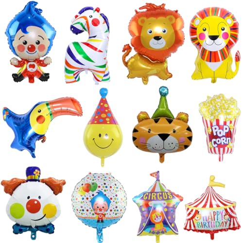 HGFDKOU Zirkus Tiere Folienballon, 12 Stücke Zirkus Tiere Folienballon, Clown Folienballon, Für Karneval Geburtstag Deko Party Luftballons Zirkus Thematische Party Deko von HGFDKOU