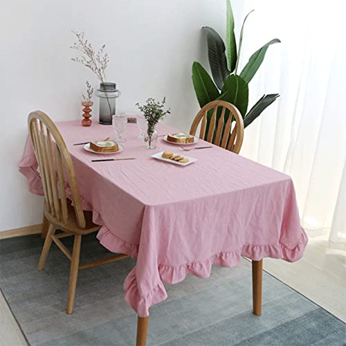 Tischdecke Abwaschbar,Boho Leinentischdecke Rosa Rüschen Bauernhaus Handgefertigte Volantnähte Naturstoff Tischdecke Hochzeit Party Essen Bankett Dekoration,110X110Cm von HGJH