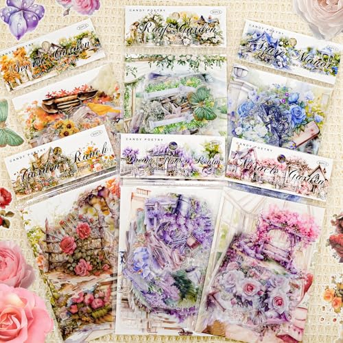 180 Blätter Blumen Scrapbook Sticker, PET Vintage Flowers Aufkleber Set, Transparente Scrapbook Zubehör Wasserfeste, Garten Aesthetic Sticker für Scrapbook Accessories DIY Kunst Album Notizbuc von HGRGHH