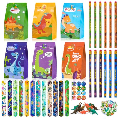 HGRGHH 100 PCS Dino Party Mitgebsel Kindergeburtstag mit Schnapparmband, Bleistifte, Dinosaurier Radiergummi, Dino Sticker, Give Aways Kindergeburtstag Jungen für Dino Kindergeburtstag Deko von HGRGHH