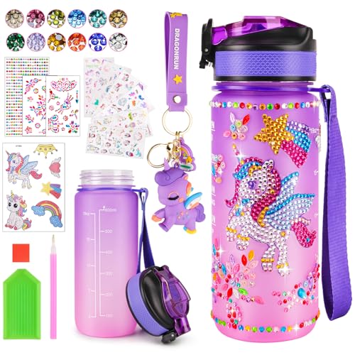 HGRGHH Einhorn Geschenke für Mädchen 4 5 6 7 8 9 10 Jahre, DIY Trinkflasche Bastelset, Trinkflasche Schule Mädchen Wasserflasche Bastelset Diamond Painting für Kinder ab 5-12 Jahre Geburtstag, Violett von HGRGHH