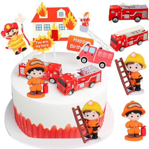 HGSHUO Feuerwehrmann Tortendeko Geburtstag Kuchen Deko Figuren Feuerwehrauto Cake Topper Happy Birthday Torte Deko Feuerwehr Geburtstagsdeko Kuchendeko Kindergeburtstag Geburtstagsparty von HGSHUO