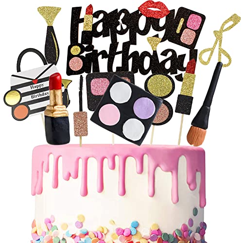 HGSHUO Make Up Tortendeko Geburtstag Kuchen Deko Lippenstift Torte Deko Kosmetik Cake Topper Happy Birthday Kuchendeko Makeup Cupcake Toppers Brautparty Bachelorette Make Up Themen Party 11 Stück von HGSHUO