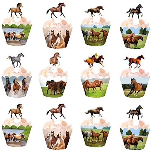 HGSHUO Muffin Deko Pferde Tortendeko Geburtstag Cupcake Topper Pferd Kuchen Deko Kindergeburtstag Cupcake Wrappers Muffin Torte Deko Western Cowgirl Geburtstagsparty Backbecher Papier von HGSHUO