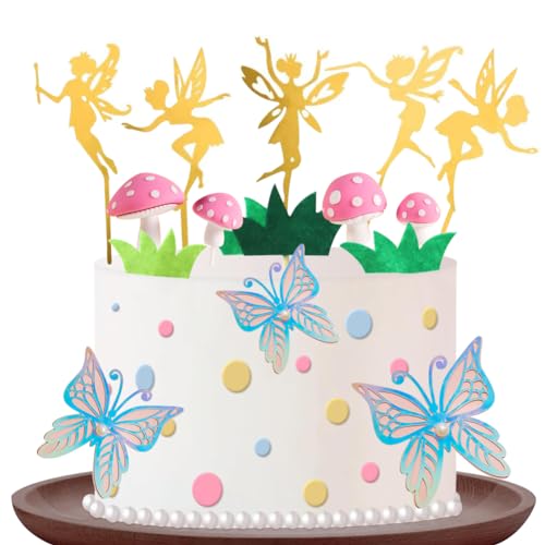 HGSHUO Pilz Tortendeko Fee Kuchen Deko Geburtstag Torte Deko Fairy Kindergeburtstag Cake Topper Schmetterling Cupcake Topper Kuchendeko Feen Muffin Geburtstagsdeko Babyparty Mädchen von HGSHUO