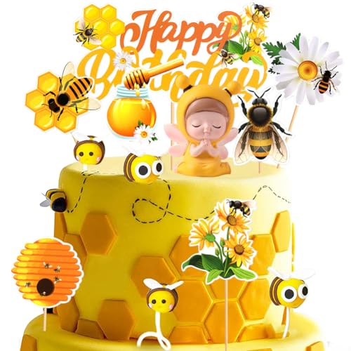 HGSHUO Tortendeko Biene Kuchen Deko Geburtstag Cake Topper Bee Gänseblümchen Torte Deko Happy Birthday Kindergeburtstag Cupcake Topper Sommerparty Kuchendeko A von HGSHUO