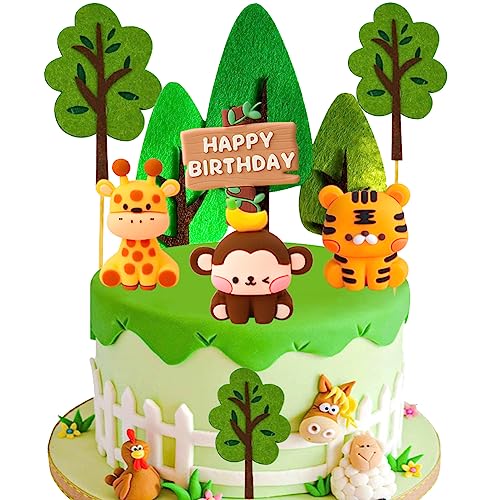 HGSHUO Waldtiere Tortendeko Geburtstag Kuchen Deko Tiere Cake Topper Happy Birthday Cupcake Topper Kindergeburtstag Torte Deko Dschungel Party Kuchendeko Bäume Geburtstagsdeko 10 Stück von HGSHUO