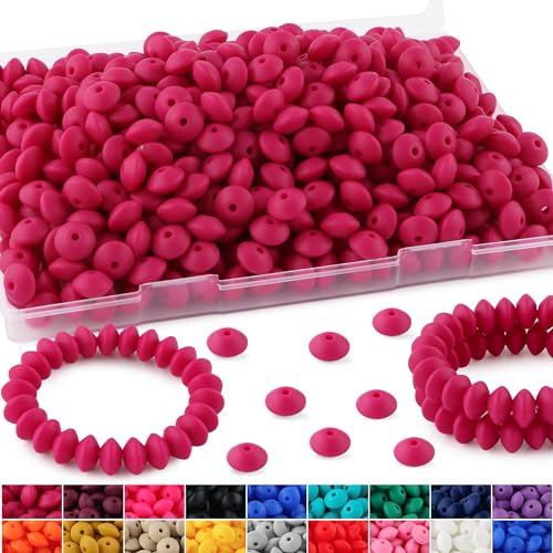 HHCFAST Linsen-Silikonperlen, 12 mm, Silikon-Linsenperlen für Stifte, Silikon-Abstandshalter und Abakus-Silikonperlen für Schlüsselanhängerherstellung, Magenta, 270 Stück von HHCFAST