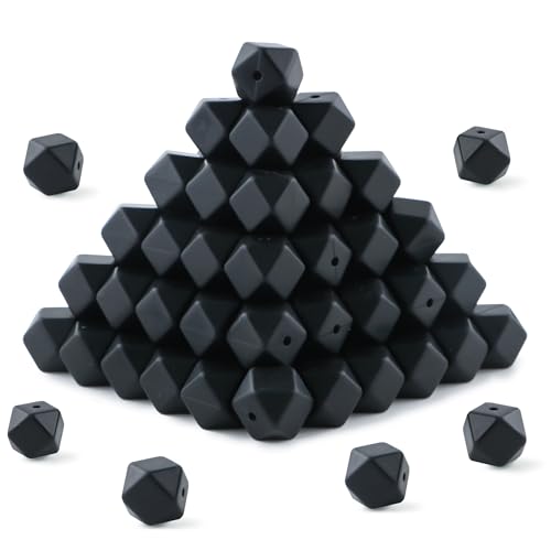 HHCFAST Sechseckige Silikonperlen, 14 mm, Polygon-Silikonperlen für Schlüsselanhänger, Silikonperlen für Stifte und Armbänder, Schwarz, 96 Stück von HHCFAST