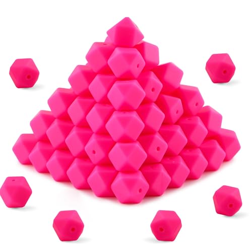 HHCFAST Sechseckige Silikonperlen, 14 mm, Polygon-Silikonperlen für Schlüsselanhängerherstellung, Silikonperlen für Stifte und Armbänder, Hot Pink, 96 Stück von HHCFAST