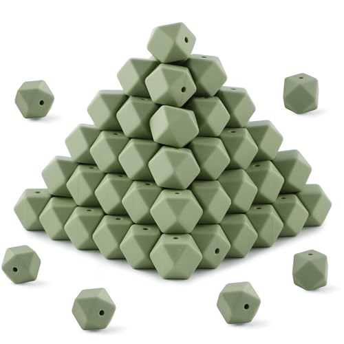 HHCFAST Sechseckige Silikonperlen, 14 mm, Polygon-Silikonperlen für Schlüsselanhängerherstellung, Silikonperlen für Stifte und Armbänder (Matcha-Grün), 96 Stück von HHCFAST