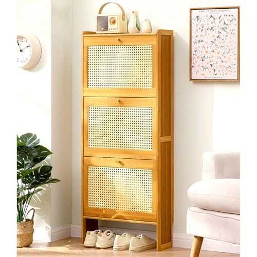 Rattan-Schuhschrank Mit 3 Klappschubladen, Freistehende Schuhregale, Schmales Bambus-Schuhregal, Tragbarer Schuhregal-Organizer für Schrank, Flur, Schlafzimmer, Eingangsbereich,A-50*17*120cm von HHCTEBEC