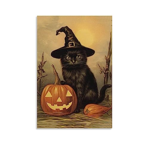 HHGaoArt Leinwandbild, Gothic-Stil, Halloween-Geist, gruseliges Dekor, 7 Hexenkatzen, 30,5 x 40,6 cm, ungerahmt von HHGaoArt