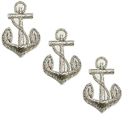 HHO Aufnäher Set 3 Stück Mini Anker Silber Farbe Eisen auf bestickte Patches Anker Marine Seemann Marine Cartoon Motiv Applikation Stickerei Kleidungsstück Patch Nähen auf Kleidung von HHO CARTOON PATCH