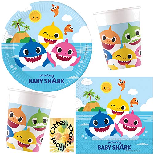 HHO Baby-Shark-Party-Set Baby-Shark-Partyset 52tlg. für 16 Gäste 16 Teller 16 Becher 20 Servietten von HHO