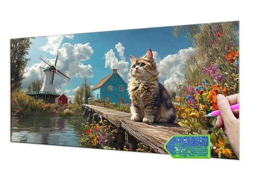 Diamond Painting Cat Windmill, 5D Diamant Painting Bilder Erwachsene Groß, Diamond Painting Set for Adults and Kinder Beginners, DIY Mosaic Making Craft Set for Home Wall Decoration 80x160 cm T-717 von HHQGOUYG