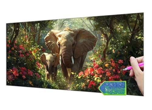 Diamond Painting Forest Elephant, 5D Diamant Painting Bilder Erwachsene Groß, Diamond Painting Set for Adults and Kinder Beginners, DIY Mosaic Making Craft Set for Home Wall Decoration 50x100 cm T-919 von HHQGOUYG