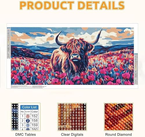 Diamond Painting Groß XXL 70x140 cm Diamant Painting Bilder Highland Cow Flower Diamond Art Erwachsene DlY Ful Round Diamant Kunst Malerei zubehör Set Kreuzstich Bilder Home Wand Dekor Geschenk y-303 von HHQGOUYG