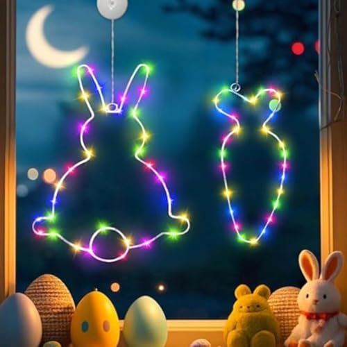 2 Stück Osterdeko Led Fenster Licht, Ostern Deko LED Lichterkette Osternhasen Fensterlichter mit Saugnapf und Timer Batteriebetrie, Osterdeko Für Draußen & Innen, Zuhause Party (C) von HIAME