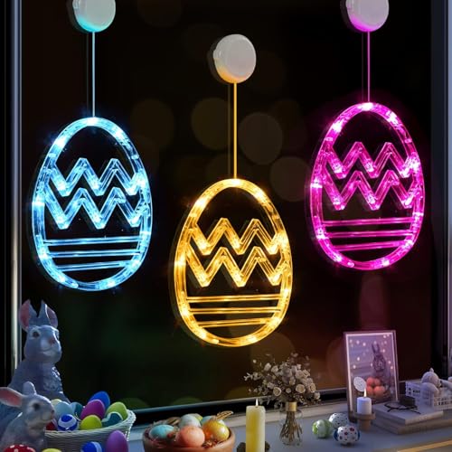 3 Stück Osterdeko Led Fenster Licht, Ostern Deko LED Lichterkette Osternhasen Fensterlichter mit Saugnapf und Timer Batteriebetrie, Osterdeko Für Draußen & Innen, Zuhause Party (A) von HIAME