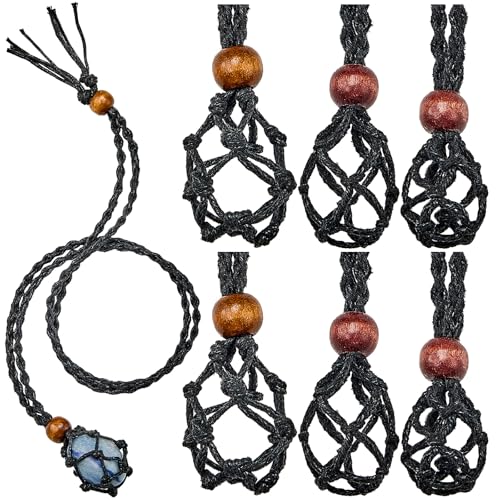 HICARER 6 Stück Leerer Steinhalter Kette Kristallsteinhalter Kette Quartz Kristall Halskette Halter Fischnetz Stein Halskette Schnur 3 Größen Verstellbare Schnur Käfig für DIY Schmuck (Schwarz) von HICARER