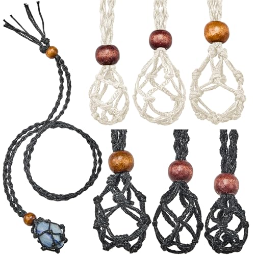 Hicarer 6 Stück Leerer Steinhalter Kette Kristallsteinhalter Kette Quartz Kristall Halskette Halter Fischnetz Stein Halskette Schnur 3 Größen Verstellbare Schnur Käfig für DIY Schmuck (Schwarz, Beige) von HICARER