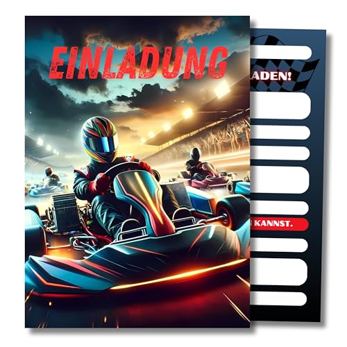 HIDEBLOOM I Go-Kart Einladungskarten Geburtstag Jungen I 12 Stück I DIN A6 (10,5 cm x 14,8 cm) I Einladung Kindergeburtstag I Kinderparty I Einladungskarten Gokart I Teens I Postkarten Kinder von HIDEBLOOM