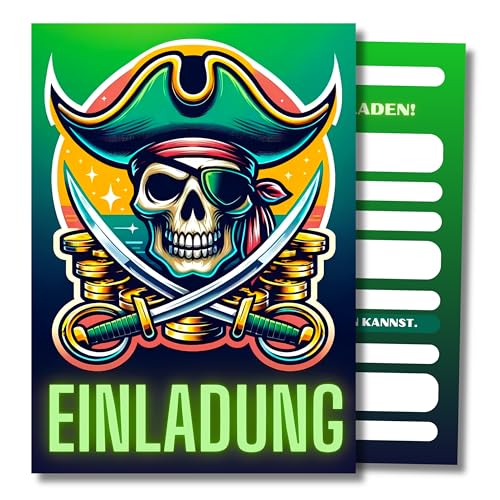 HIDEBLOOM I Piraten Einladungskarten Kindergeburtstag Jungen I 12 Stück I DIN A6 (10,5 cm x 14,8 cm) I Einladung Geburtstag I Kinderparty I Einladungskarten Piratenparty I Teens I Pirat Emblem von HIDEBLOOM