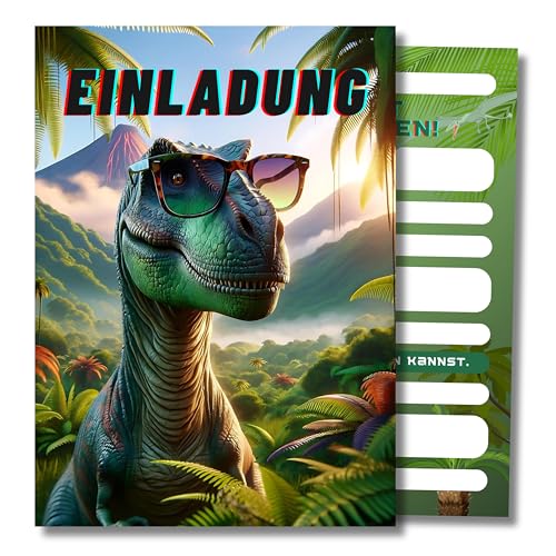 HIDEBLOOM I Dino Einladungskarten Kindergeburtstag Jungen I 12 Stück I DIN A6 (10,5 cm x 14,8 cm) I Einladung Geburtstag I Kinderparty I Dinosaurier mit Sonnenbrille Einladungskarten I Teens von HIDEBLOOM