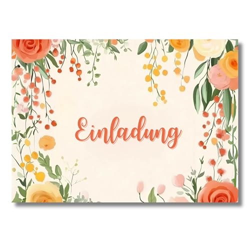 HIDEBLOOM I Einladungskarten Blumen Schlicht Orange I 12 Stück I DIN A6 (10,5 cm x 14,8 cm) I Geburtstag Babyparty Hochzeit Standesamt I Konfirmation Jugendweihe Taufe Kommunion I Invitation von HIDEBLOOM