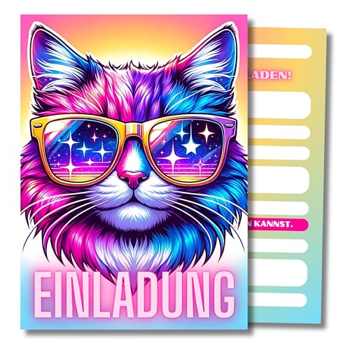 HIDEBLOOM I Einladungskarten Kindergeburtstag Mädchen I 12 Stück I DIN A6 (10,5 cm x 14,8 cm) I Lässige Katze I Einladung Geburtstag I Kinderparty I Einladungskarten Teenager I Postkarten Kinder von HIDEBLOOM