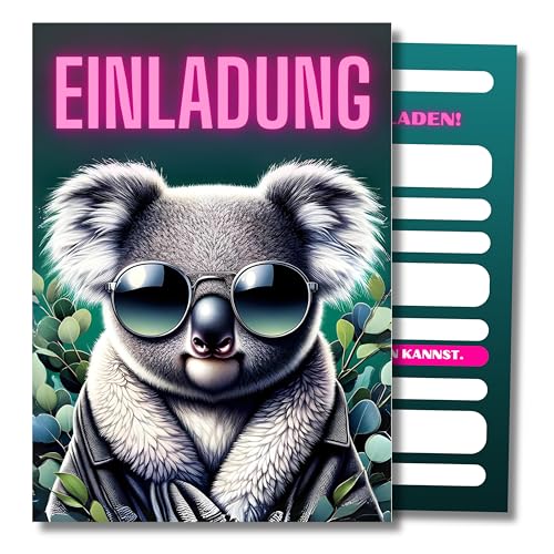 HIDEBLOOM I Einladungskarten Kindergeburtstag Mädchen I 12 Stück I DIN A6 (10,5 cm x 14,8 cm) I Lässiger Koala I Einladung Geburtstag I Kinderparty I Einladungskarte Teenager von HIDEBLOOM