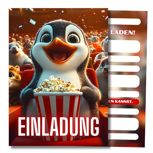 HIDEBLOOM I Einladungskarten Kino Kindergeburtstag I 12 Stück I DIN A6 (10,5 cm x 14,8 cm) I Einladung Cinema Kinder I Einladung Geburtstag Pinguin I Mädchen und Junge I Kinderparty I Postkarte Kinder von HIDEBLOOM