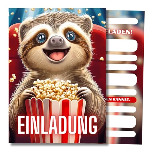 HIDEBLOOM I Einladungskarten Kino Kindergeburtstag Jungen I 12 Stück I DIN A6 (10,5 cm x 14,8 cm) I Einladung Cinema Kinder I Einladung Geburtstag Faultier I Mädchen und Junge I Kinderparty I Teens von HIDEBLOOM