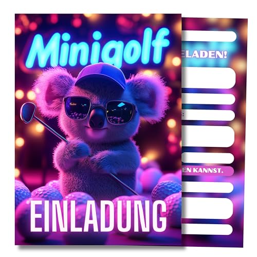 HIDEBLOOM I Einladungskarten Minigolf Kindergeburtstag Jungen Mädchen I 12 Stück I DIN A6 (10,5 cm x 14,8 cm) I Einladung Minigolf Koala Kinder I Einladung Geburtstag Golf I Kinderparty I Teens von HIDEBLOOM