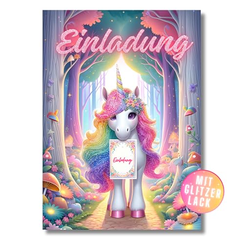 HIDEBLOOM I GLITZER Einhorn Einladungskarten Kindergeburtstag Mädchen I 12 Stück I DIN A6 I Einladung Geburtstag mit Glitzerlack I Kinderparty I Glitzer Geburtstagseinladungen I Glitzerkarte von HIDEBLOOM